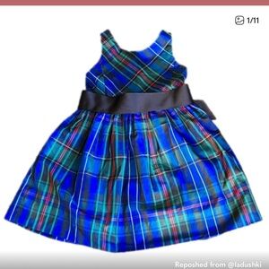 Polo Ralph Lauren blue green dress tartan toddler puffy back buttons charmeuse